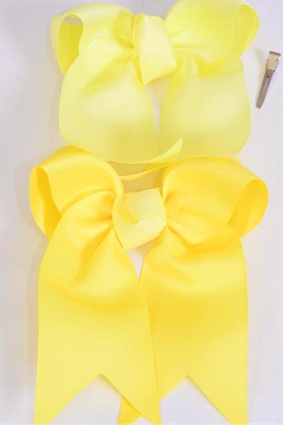 Hair Bow Extra Jumbo Long Tail Cheer Type Bow baby Yellow Mix Grosgrain Bow-tie / 12 pcs Bow = Dozen Baby Yellow Mix , Alligator Clip , Size- 6.5" x 6" Wide , 6 Baby Yellow , 6 Lemon Yellow Color Asst , Clip Strip & UPC Code