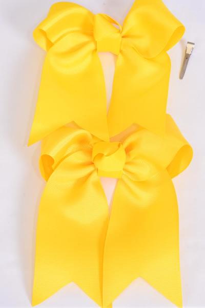 Hair Bow Extra Jumbo Long Tail Cheer Type Bow Yellow mix Grosgrain Bow-tie / 12 pcs Bow = Dozen  Alligator Clip , Size - 6.5" x 6" Wide ,  Daffodil Yellow , Color Asst , Clip Strip & UPC Code