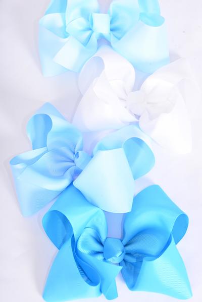 Hair Bow Extra Jumbo Cheer Type Bow Blue Mix Grosgrain Bow-tie / 12 pcs Bow = Dozen  Blue Mix , Alligator Clip , Size - 8" x 7" Wide , 3 White , 3 Turquoise , 3 Sky Blue , 3 Baby Blue Mix , Clip Strip & UPC Code