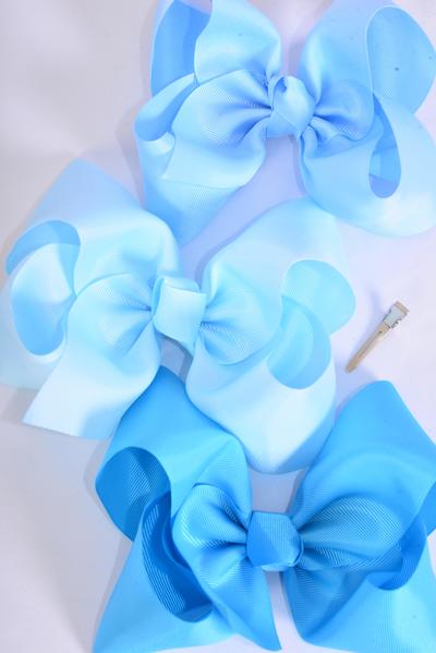 Hair Bow Extra Jumbo Cheer Type Bow Blue Mix Grosgrain Bow-tie / 12 pcs Bow = Dozen  Blue Mix , Alligator Clip , Size - 8" x 7" Wide , 4 Turquoise , 4 Sky Blue , 4 Baby Blue Mix , Clip Strip & UPC Code