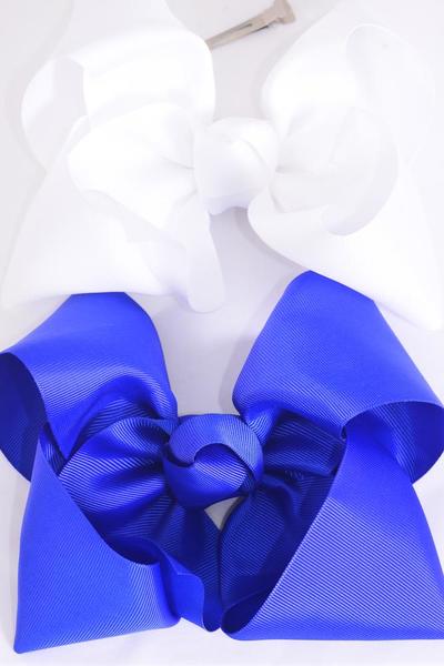 Hair Bow Extra Jumbo Cheer Type Bow Royal Blue & White Mix Grosgrain Bow-tie / 12 pcs Bow = Dozen  Alligator Clip , Size - 8" x 7" Wide , 6 White , 6 Royal Blue Color Asst , Clip Strip and UPC Code