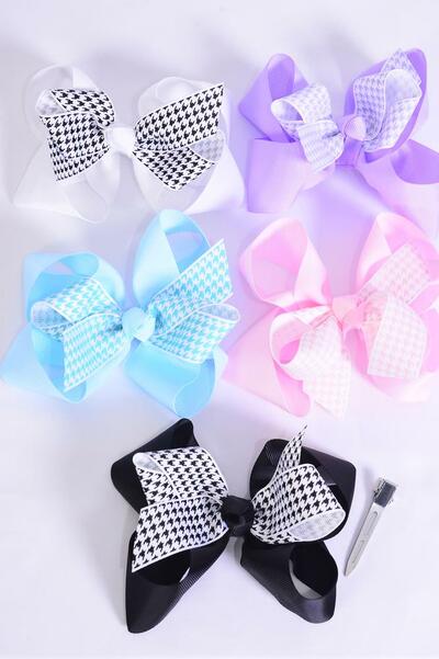 Hair Bow Jumbo Double Layered Center Hound tooth Grosgrain Bow-tie / 12 pcs Bow = Dozen Alligator Clip , Size - 6" x 5" Wide , 3 White , 3 Black , 2 Baby Pink , 2 Baby Blue , 2 Lavender Color Asst , Clip Strip and UPC Code.