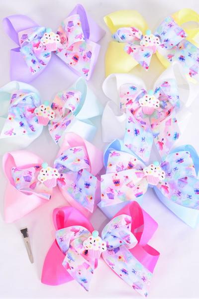 Hair Bow Jumbo Double Layered Cupcake Muffin Grosgrain Bow-tie Pastel / 12 pcs Bow = Dozen Size-6"x 6" Wide , Alligator Clip ,2 White ,2 Baby Pink ,2 Lavender ,2 Hot Pink ,2 Mint Green ,1 Blue ,1 Yellow Color Asst , Clip Strip & UPC Code