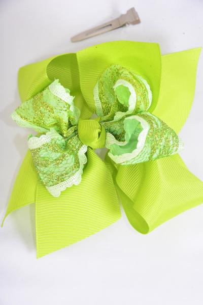 Hair Bow Jumbo Double Layered Silver Glitter Grosgrain Bow-tie Lime / 12 pcs Bow = Dozen Lime Green , Alligator Clip , Size - 6" x 5", Clip Strip & UPC Code