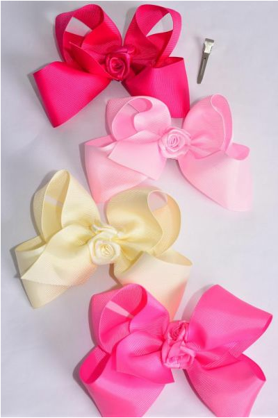 Hair Bow Jumbo Center Satin Roses Grosgrain Bow-tie Pink Mix / 12 pcs Bow = Dozen Alligator Clip , Size - 6" x 5" Wide , 3 Ivory , 3 Baby Pink , 3 Hot Pink , 3 Fuchsia Color Asst , Clip Strip & UPC Code