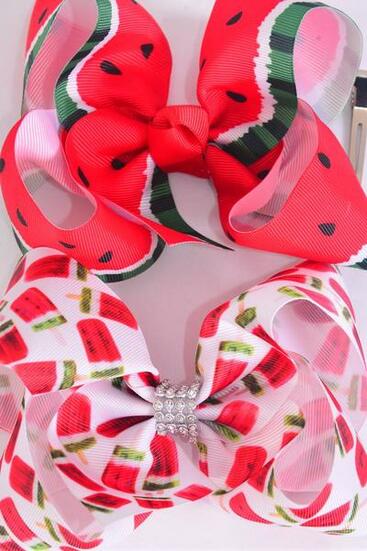 Hair Bow Jumbo Watermelon Popsicle Pattern Mix Grosgrain Bow-tie / 12 pcs Bow = Dozen Alligator Clip , Size - 6" x 5" Wide , 6 of each Pattern Asst , Clip Strip & UPC Code
