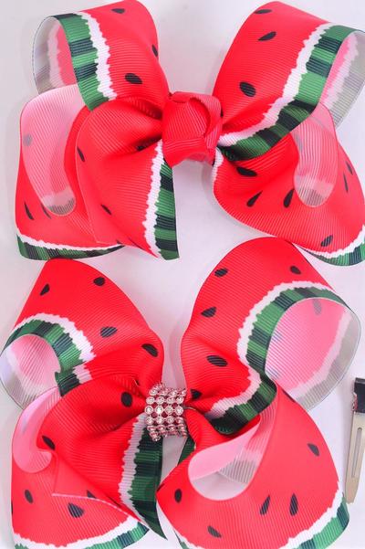 Hair Bow Jumbo Watermelon Grosgrain Bow-tie / 12 pcs Bow = Dozen Alligator Clip , Size - 6" x 5" Wide , 6 of each Pattern Asst , Clip Strip & UPC Code