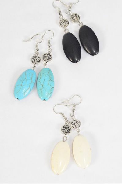 Earrings Tree of life Oval Semiprecious Stone / 12 pair = Dozen Fish Hook , Size-1.75" x 0.75" Wide , 4 Black , 4 Ivory , 4 Turquoise Asst , Earring Card & OPP Bag & UPC Code 