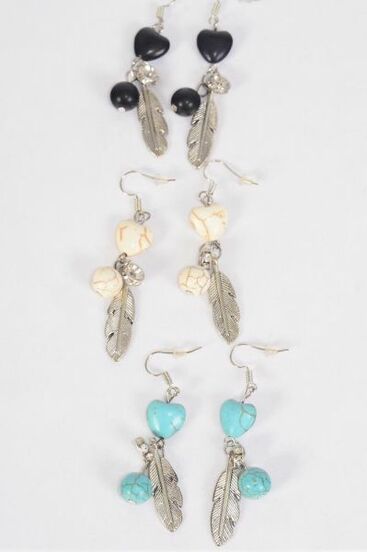 Earrings Metal Antique Feather & Hearts Semiprecious Stone / 12 pair = Dozen Fish Hook , 4 Black , 4 Ivory , 4 Turquoise Asst , Earring Card & OPP Bag & UPC Code
