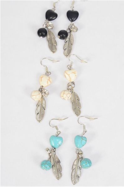 Earrings Metal Antique Feather & Hearts Semiprecious Stone / 12 pair = Dozen Fish Hook , 4 Black , 4 Ivory , 4 Turquoise Asst , Earring Card & OPP Bag & UPC Code