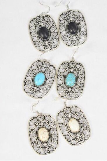 Earrings Metal Antique Western Like Semiprecious Stone / 12 pair = Dozen Fish Hook , Size - 1.75" x 1.25" Wide , 4 Black , 4 Ivory , 4 Turquoise Asst , Earring Card & OPP Bag & UPC Code
