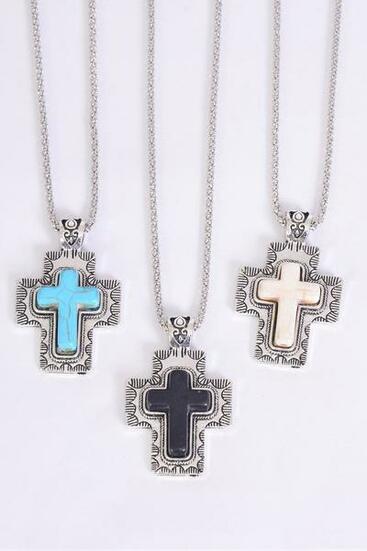 Necklace Silver Chain Cross Semiprecious Stone / 12 pcs = Dozen match 03212 Pendant - 1.75" x 1.25" Wide , Chain-18" Extension Chain , 4 Ivory , 4 Black , 4 Turquoise Asst , Hang Tag & OPP Bag & UPC Code