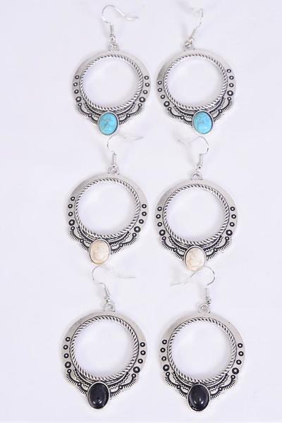 Earrings Metal Antique Round Western Like Semiprecious Stone /  12 pair = Dozen Fish Hook , Size - 1.5" x 1.25" Wide , 4 Black , 4 Ivory , 4 Turquoise Asst , Earring Card & OPP Bag & UPC Code