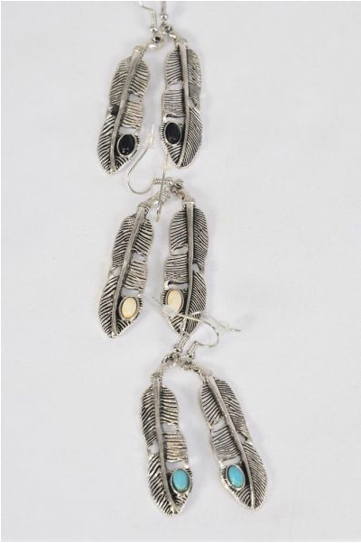Earrings Metal Antique Feather Symbol Western Like Semiprecious Stone / 12 pair = Dozen Fish Hook , Size - 2 "x 0.5" Wide , 4 Black , 4 Ivory , 4 Turquoise Asst , Earring Card & OPP Bag & UPC Code