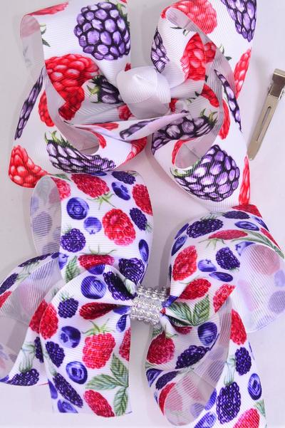 Hair Bow Jumbo Raspberry Black Berry Blueberry Mix Grosgrain Bow-tie / 12 pcs Bow = Dozen Alligator Clip , Size - 6" x 5" Wide , 6 Of Each Pattern Asst , Clip Strip & UPC Code