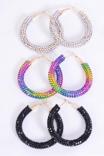 Earrings Loop Black Rainbow Iridescent  Color Mix /  12 pair = Dozen Post , Size - 2" Wide , 4 Black , 4 Rainbow , 4 Iribescent Color Asst , Earring Card & OPP Bag & UPC Code