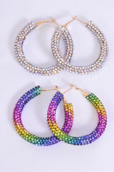 Earrings Loop Iridescent Rainbow Color Stone Mix / 12 pair = Dozen Post , Size - 1.75" Wide , 6 Rainbow , 6 Iridescent AB Color Asst , Earring Card & OPP Bag & UPC Code
