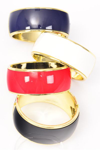 Bracelet Bangle Acrylic Hinge Enamel Gold Trim / 12 pcs = Dozen Size-2.75" x 1.25" Wide , 3 Red , 3 White , 3 Black , 3 Navy Mix , Hang Tag & OPP bag & UPC code