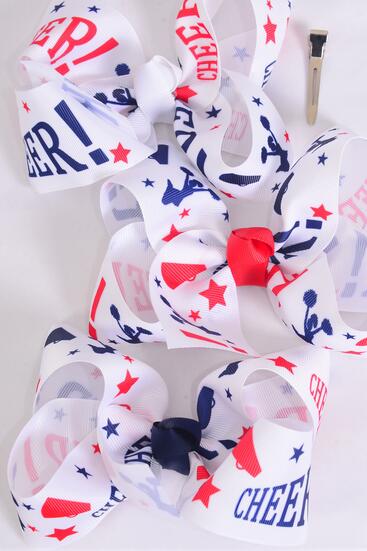Hair Bow Jumbo Cheerleader Grosgrain Bow-tie / 12 pcs Bow = Dozen Alligator Clip , Size - 6 x 5" Wide , 4 of each Pattern Asst , Clip Strip & UPC Code
