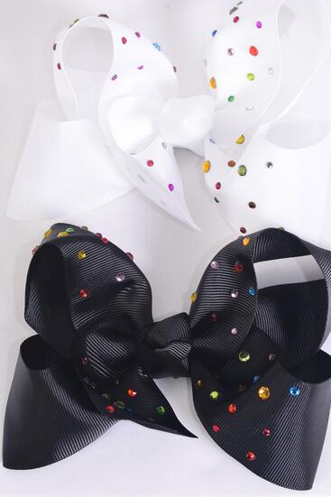 Hair Bow Jumbo Studded Color Stones Grosgrain Bow-tie Black White Mix / 12 pcs Bow = Dozen Alligator Clip , Size - 6" x 5" Wide , 6 Black , 6 White Color Asst , Clip Strip & UPC Code