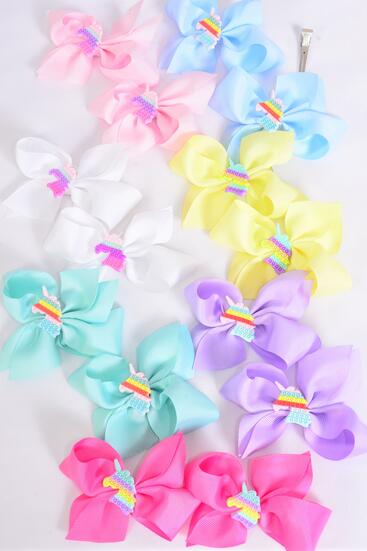 Hair Bow 24 pcs Center fidget Autism Unicorn Charm Grosgrain Bow-tie Pastel / 24 pcs Bow = Dozen Alligator Clip , Size - 3.5" x 3" Wide , 2 White , 2 Pink , 2 Yellow , 2 Lavender , 2 Blue , 1 Hot Pink , 1 Mint Green Mix , Clip Strip & UPC Code