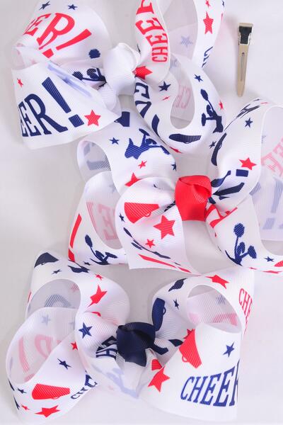Hair Bow Jumbo Cheerleader Grosgrain Bow-tie / 12 pcs Bow = Dozen Alligator Clip , Size - 6 x 5" Wide , 4 of each Pattern Asst , Clip Strip & UPC Code