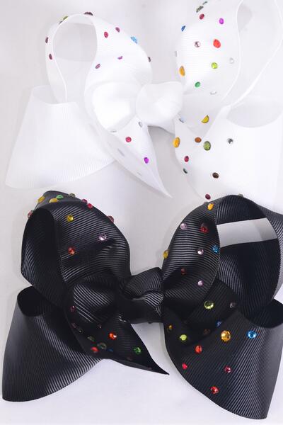 Hair Bow Jumbo Studded Color Stones Grosgrain Bow-tie Black White Mix / 12 pcs Bow = Dozen Alligator Clip , Size - 6" x 5" Wide , 6 Black , 6 White Color Asst , Clip Strip & UPC Code