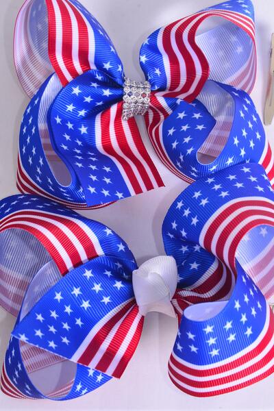 Hair Bow Jumbo Patriotic Flag Grosgrain Bow-tie / 12 pcs Bow = Dozen Alligator Clip , Bow - 6" x 5" Wide , Clip Strip & UPC Code