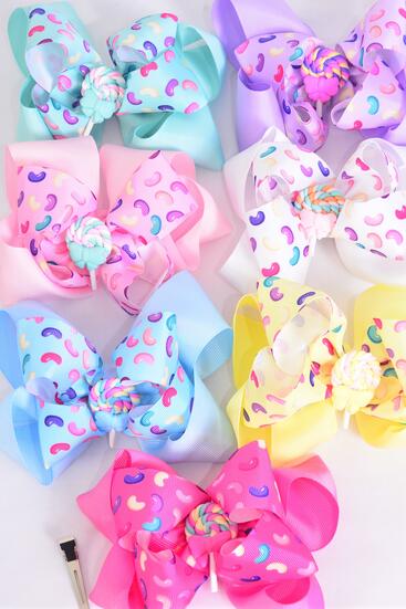 Hair Bow Jumbo Double Layered Jelly Bean Candies Lollipop Charm Pastel Grosgrain Bow-tie / 12 pcs Bow = Dozen Pastel , Alligator Clip , 2 White , 2 Baby Pink , 2 Lavender , 2 Hot Pink , 2 Mint Green , 1 Blue , 1 Yellow Color Asst , Clip Strip & UPC Code