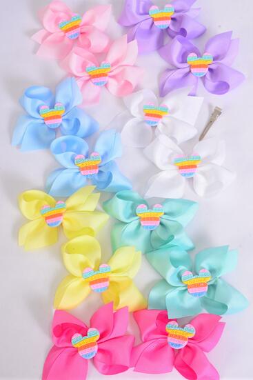 Hair Bow 24 pcs Center fidget Autism Mouse Ear Charm Grosgrain Bow-tie Pastel / 24 pcs Bow = Dozen Alligator Clip , Size - 3.5" x 3" Wide , 2 White , 2 Pink , 2 Yellow , 2 Lavender , 2 Blue , 1 Hot Pink , 1 Mint Green Mix , Clip Strip & UPC Code