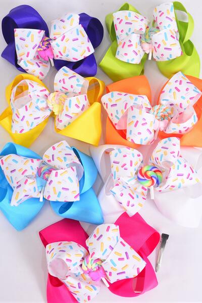 Hair Bow Jumbo Double Layered Jimmies Sprinkles Lollipop Charm Citrus Grosgrain Bow-tie / 12 pcs Bow = Dozen  Alligator Clip , Bow Size - 6" x 5" Wide , 2 White , 2 Fuchsia , 2 Purple , 2 Yellow , 2 Blue, 1 Lime , 1 Orange Color Asst , Hang Tag & OPP Bag