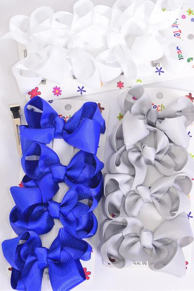 Hair Bows 48 pcs Grosgrain Bow-tie Gray Royal Blue White Mix / 12 card = Dozen Alligator Clip , Bow Size - 3" x 2" Wide , 4 Gray , 4 Royal Blue , 4 White Color Asst , 4 pcs per card , 12 Card = Dozen