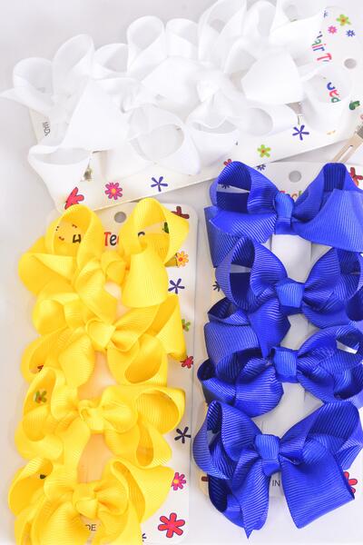 Hair Bows 48 pcs Grosgrain Bow-tie Royal Blue White Yellow Mix /12 card = Dozen Alligator Clip , Bow Size - 3" x 2" Wide , 4 Royal Blue , 4 White , 4 Yellow Color Asst , 4 pcs per card , 12 Card = Dozen