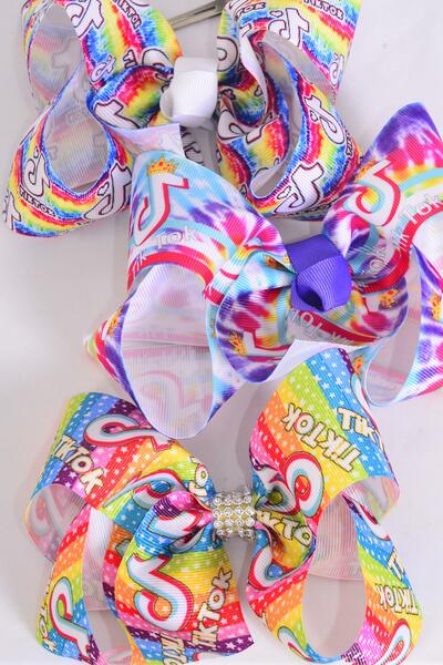 Hair Bow Jumbo TikTok Grosgrain Bow-tie / 12 pcs Bow = Dozen Alligator Clip , Size - 6" x 5" Wide , 4 Of each Pattern Asst , Clip Strip & UPC Code