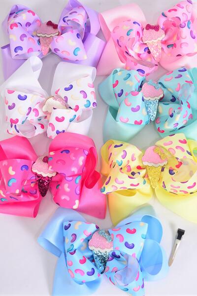 Hair Bow Jumbo Double Layered Jelly Bean Candies Ice Cream Charm Grosgrain Bow-tie / 12 pcs Bow = Dozen Alligator Clip , 2 White , 2 Baby Pink , 2 Lavender , 2 Hot Pink , 2 Mint Green , 1 Blue , 1 Yellow Color Asst , Clip Strip & UPC Code
