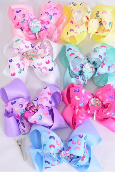 Hair Bow Jumbo Double Layered Jelly Bean Candies Lollipop Charm Pastel Grosgrain Bow-tie / 12 pcs Bow = Dozen Pastel , Alligator Clip , 2 White , 2 Baby Pink , 2 Lavender , 2 Hot Pink , 2 Mint Green , 1 Blue , 1 Yellow Color Asst , Clip Strip & UPC Code