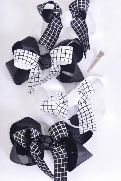 Hair Bow Jumbo Grid Line Black White Mix Double Layered Grosgrain Bow-tie / 12 pcs Bow = Dozen  Alligator Clip , Bow - 6"x 5" Wide , 3 of each Pattern Asst , Clip Strip & UPC Code