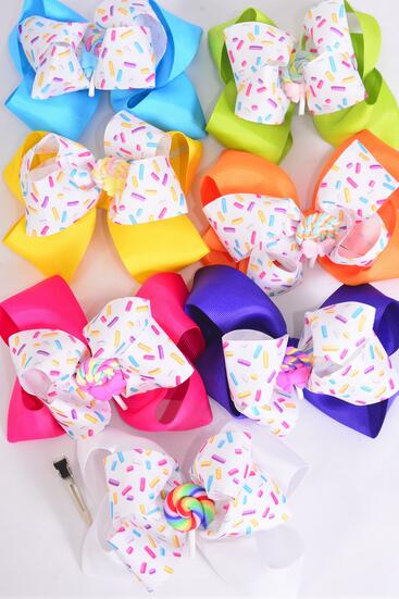 Hair Bow Jumbo Double Layered Jimmies Sprinkles Lollipop Charm Citrus Grosgrain Bow-tie / 12 pcs Bow = Dozen  Alligator Clip , Bow Size - 6" x 5" Wide , 2 White , 2 Fuchsia , 2 Purple , 2 Yellow , 2 Blue, 1 Lime , 1 Orange Color Asst , Hang Tag & OPP Bag