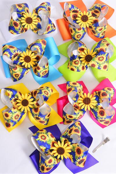 Hair Bow Jumbo Double Layered Sunflower Charm Grosgrain Bow-tie Citrus / 12 pcs Bow = Dozen Alligator Clip , Size - 6" x 5" Wide , 2 White , 2 Fuchsia , 2 Purple , 2 Yellow , 2 Blue , 1 Lime , 1 Orange Color Asst , Clip Strip & UPC Code