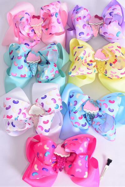 Hair Bow Jumbo Double Layered Jelly Bean Candies Ice Cream Charm Grosgrain Bow-tie / 12 pcs Bow = Dozen Alligator Clip , 2 White , 2 Baby Pink , 2 Lavender , 2 Hot Pink , 2 Mint Green , 1 Blue , 1 Yellow Color Asst , Clip Strip & UPC Code