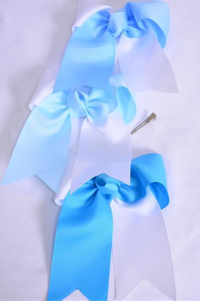 Hair Bow Extra Jumbo Long Tail Cheer Type Bow 2-tone Blue White Mix Grosgrain Bow-tie / 12 pcs Bow = Dozen Alligator Clip , Size - 6.5" x 6" , 4 Baby Blue , 4 Sky Blue , 4 Turquoise Color Asst , Clip Strip & UPC Code