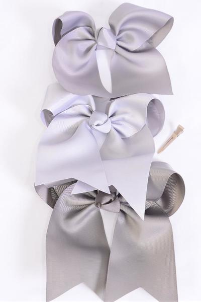 Hair Bow Extra Jumbo Long Tail Cheer Bow type Gray Mix Grosgrain Bow-tie / 12 pcs Bow = Dozen Gray Mix , Alligator Clip, Size - 6.5" x 6" Wide, 4 Shell Gray , 4 Silver , 4 Metal Gray Color Asst , Clip Strip & UPC Code