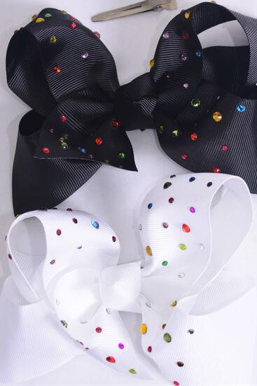 Hair Bow Jumbo Studded Color Stones Grosgrain Bow-tie Black White Mix / 12 pcs Bow = Dozen Alligator Clip , Size - 6" x 5" Wide , 6 Black , 6 White Color Asst , Clip Strip & UPC Code