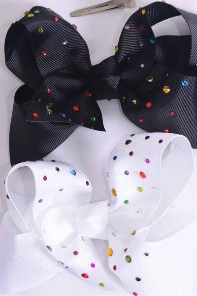 Hair Bow Jumbo Studded Color Stones Grosgrain Bow-tie Black White Mix / 12 pcs Bow = Dozen Alligator Clip , Size - 6" x 5" Wide , 6 of each Pattern Asst , Clip Strip & UPC Code