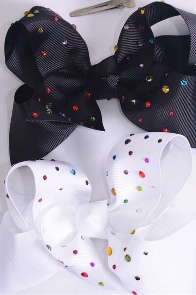 Hair Bow Jumbo Studded Color Stones Grosgrain Bow-tie Black White Mix / 12 pcs Bow = Dozen Alligator Clip , Size - 6" x 5" Wide , 6 Black , 6 White Color Asst , Clip Strip & UPC Code