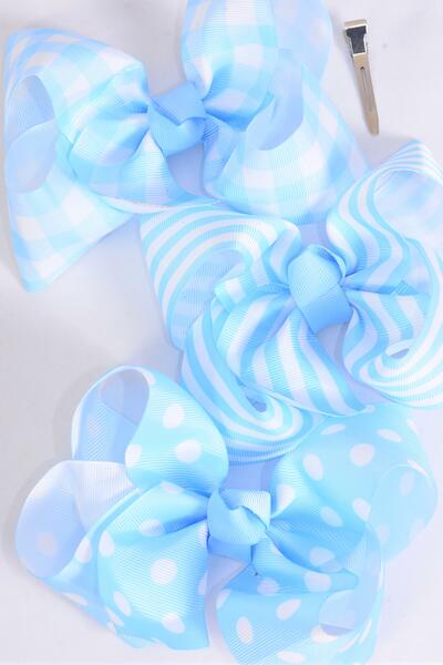 Hair Bow Jumbo Plaid Polka dots Stripe Mix Grosgrain Bow-tie Baby Blue Mix / 12 pcs Bow = Dozen Baby Blue Mix , Alligator Clip , Bow - 6" x 5" Wide , 4 of each Pattern Asst , Clip Strip & UPC Code