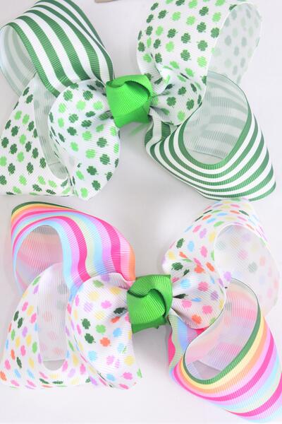 Hair Bow Jumbo Clover Stripes mix Grosgrain Bow-tie / 12 pcs Bow = Dozen  Alligator Clip , Size - 6" x 5" Wide , 6 Of Each Pattern Asst , Clip Strip and UPC Code