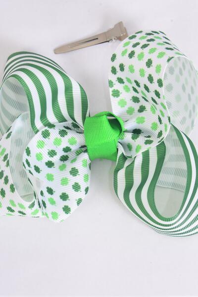 Hair Bow Jumbo Clover Stripes Grosgrain Bow-tie / 12 pcs = Dozen Alligator Clip , Size - 6" x 5" Wide , Clip Strip & UPC Code