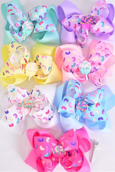 Hair Bow Jumbo Double Layered Jelly Bean Candies Lollipop Charm Pastel Grosgrain Bow-tie / 12 pcs Bow = Dozen Pastel , Alligator Clip , 2 White , 2 Baby Pink , 2 Lavender , 2 Hot Pink , 2 Mint Green , 1 Blue , 1 Yellow Color Asst , Clip Strip & UPC Code