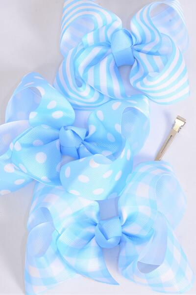 Hair Bow Jumbo Plaid Polka dots Stripe Mix Grosgrain Bow-tie Baby Blue Mix / 12 pcs Bow = Dozen Baby Blue Mix , Alligator Clip , Bow - 6" x 5" Wide , 4 of each Pattern Asst , Clip Strip & UPC Code